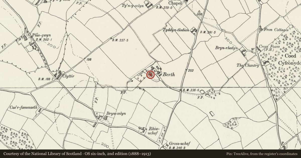 Ordnance Survey six-inch map, 2nd edition (1888–1913) covering the location of Berth, Llanbedr Dyffryn Clwyd, Denbighshire, with a pin at the register's coordinates