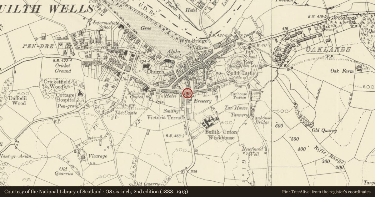 Ordnance Survey six-inch map, 2nd edition (1888–1913) covering the location of The Plough Inn P.H., Builth, Powys, with a pin at the register's coordinates