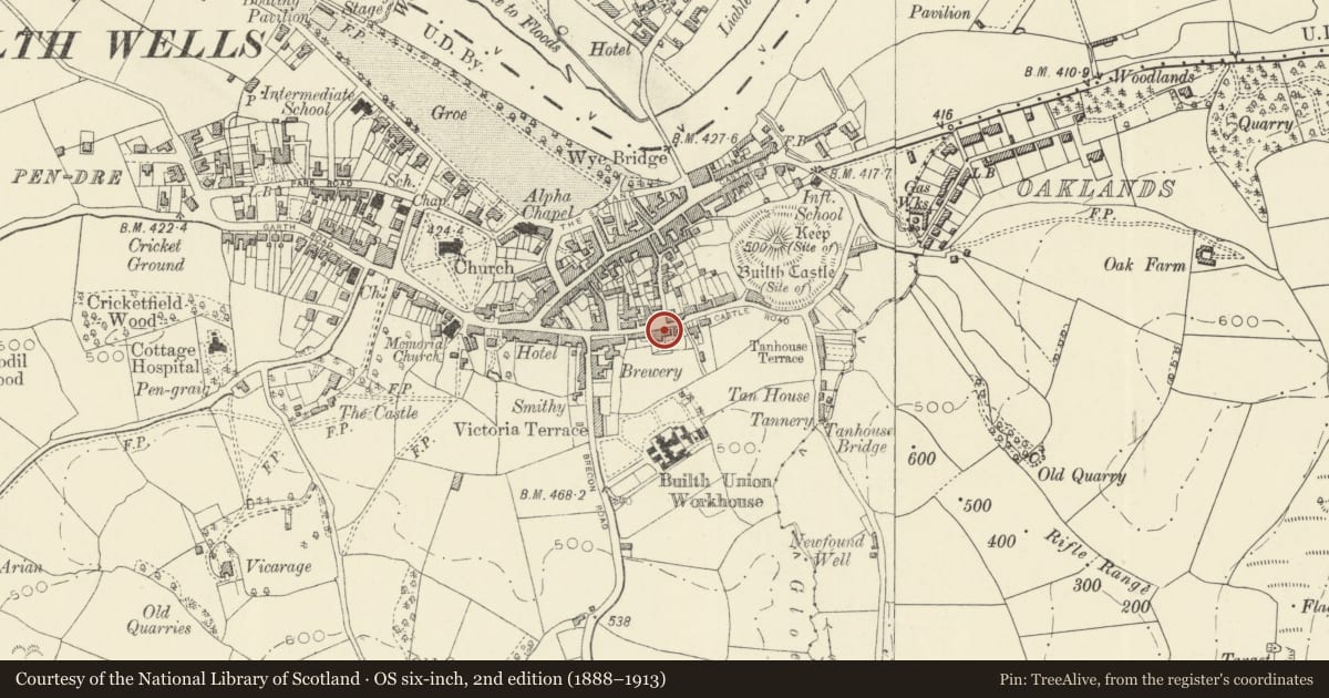 Ordnance Survey six-inch map, 2nd edition (1888–1913) covering the location of Bank House, Builth, Powys, with a pin at the register's coordinates