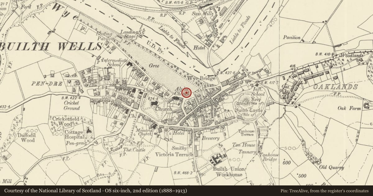 Ordnance Survey six-inch map, 2nd edition (1888–1913) covering the location of War Memorial, Builth, Powys, with a pin at the register's coordinates