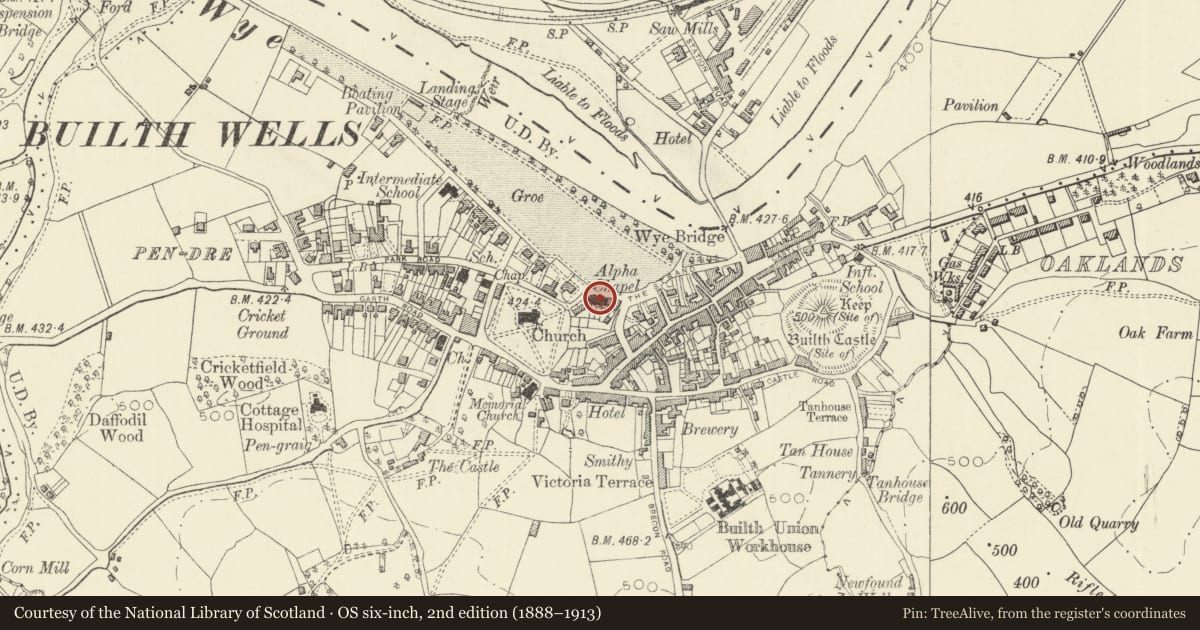 Ordnance Survey six-inch map, 2nd edition (1888–1913) covering the location of Alpha Presbyterian Church, Builth, Powys, with a pin at the register's coordinates