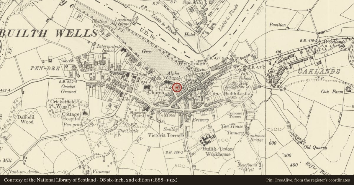 Ordnance Survey six-inch map, 2nd edition (1888–1913) covering the location of Post Office, Builth, Powys, with a pin at the register's coordinates