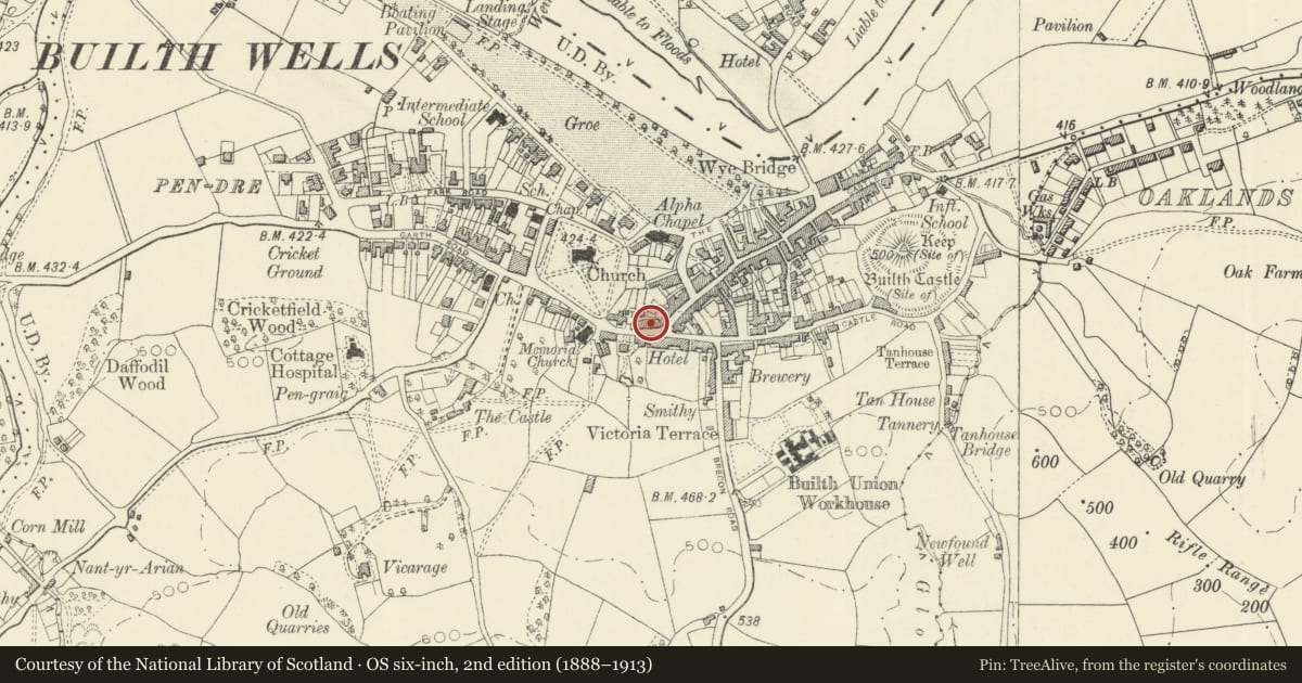 Ordnance Survey six-inch map, 2nd edition (1888–1913) covering the location of Barley Mow P.H., Builth, Powys, with a pin at the register's coordinates