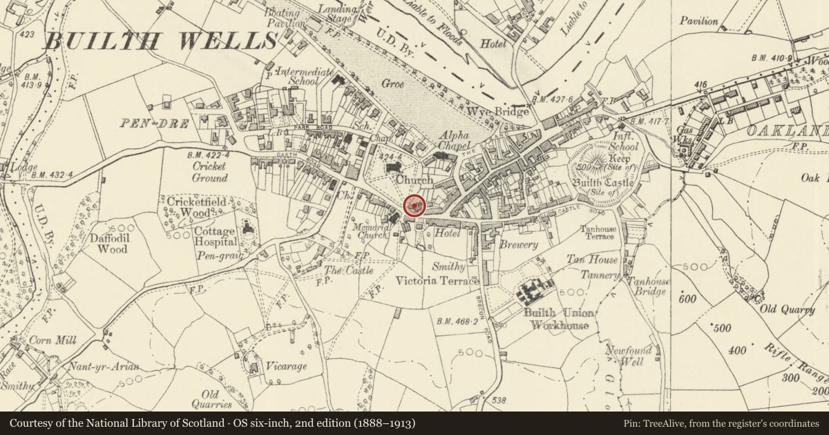 Ordnance Survey six-inch map, 2nd edition (1888–1913) covering the location of Premises now occupied by J.K.Evans, Builth, Powys, with a pin at the register's coordinates