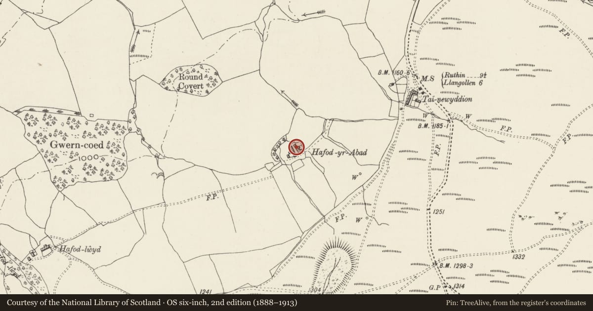 Ordnance Survey six-inch map, 2nd edition (1888–1913) covering the location of Hafod-yr-Abad, Llandegla, Denbighshire, with a pin at the register's coordinates