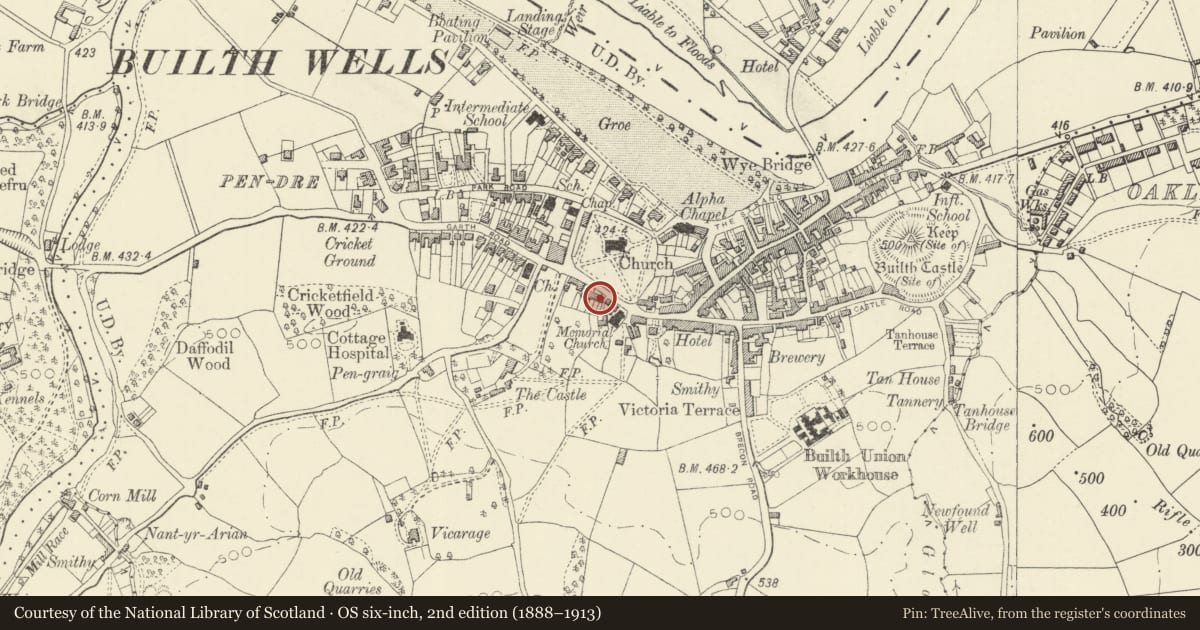 Ordnance Survey six-inch map, 2nd edition (1888–1913) covering the location of Vaynor House, Builth, Powys, with a pin at the register's coordinates