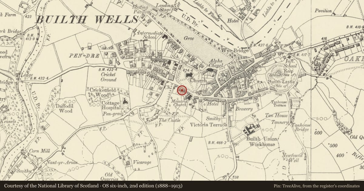 Ordnance Survey six-inch map, 2nd edition (1888–1913) covering the location of Oakfield, Builth, Powys, with a pin at the register's coordinates