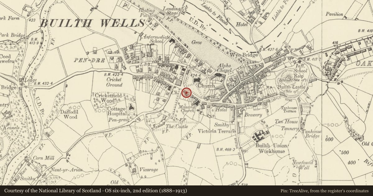 Ordnance Survey six-inch map, 2nd edition (1888–1913) covering the location of The Old Hall, Builth, Powys, with a pin at the register's coordinates