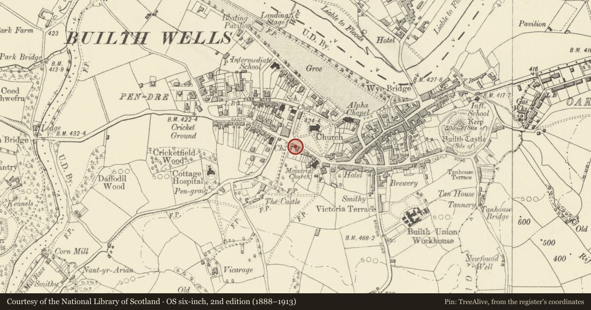 Ordnance Survey six-inch map, 2nd edition (1888–1913) covering the location of The Old Hall, Builth, Powys, with a pin at the register's coordinates
