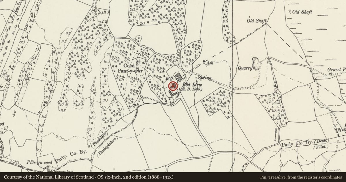 Ordnance Survey six-inch map, 2nd edition (1888–1913) covering the location of Old Stable Block and Bodidris Cottage to South-west of Bodidris, Llandegla, Denbighshire, with a pin at the register's coordinates