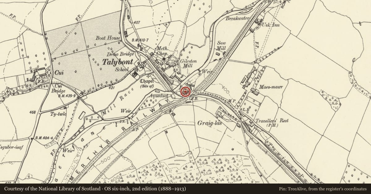 Ordnance Survey six-inch map, 2nd edition (1888–1913) covering the location of White Hart Inn, Talybont-on-Usk, Powys, with a pin at the register's coordinates