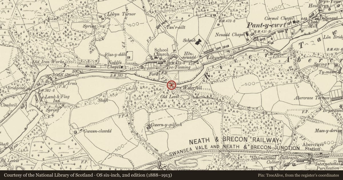 Ordnance Survey six-inch map, 2nd edition (1888–1913) covering the location of Pont-y-Yard, Tawe-Uchaf, Powys, with a pin at the register's coordinates