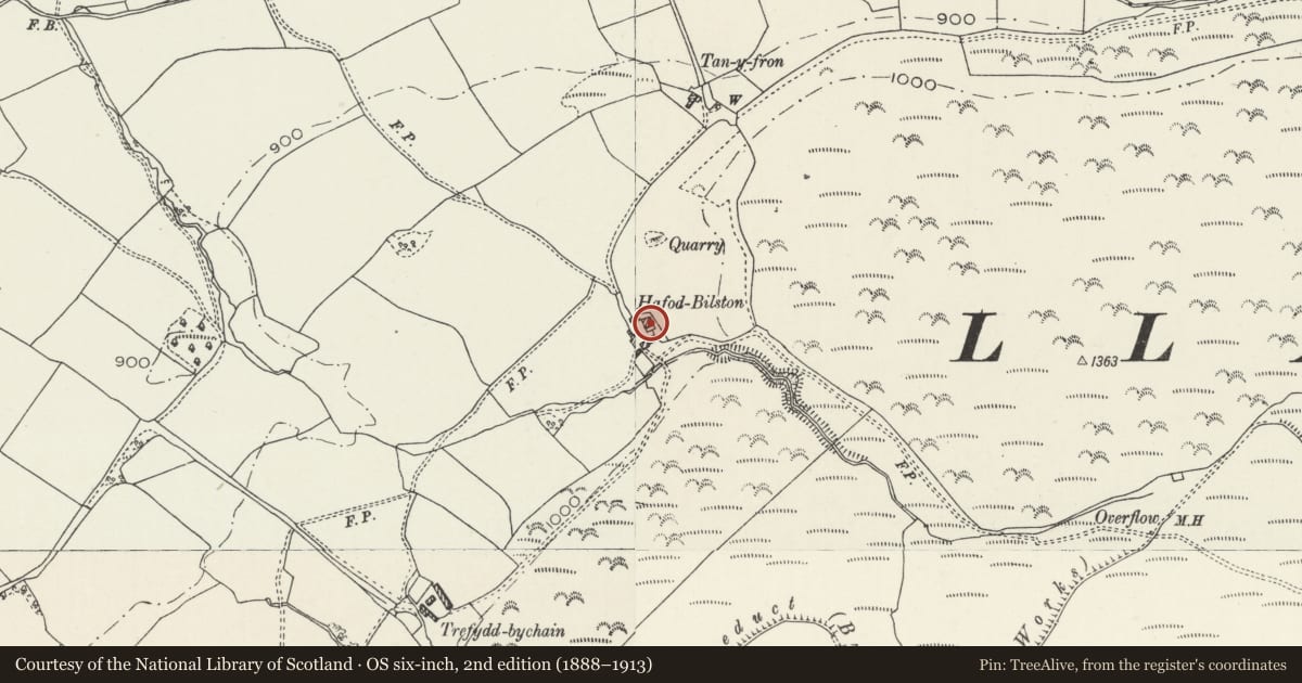 Ordnance Survey six-inch map, 2nd edition (1888–1913) covering the location of Hafod Bilston, Llandegla, Denbighshire, with a pin at the register's coordinates