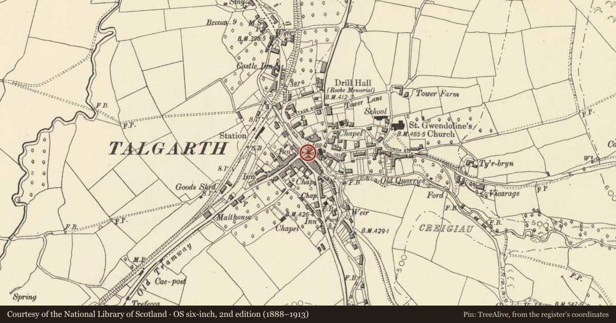 Ordnance Survey six-inch map, 2nd edition (1888–1913) covering the location of Talgarth Bridge, Powys, with a pin at the register's coordinates