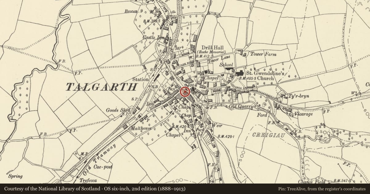 Ordnance Survey six-inch map, 2nd edition (1888–1913) covering the location of The Bridge End Inn, Talgarth, Powys, with a pin at the register's coordinates