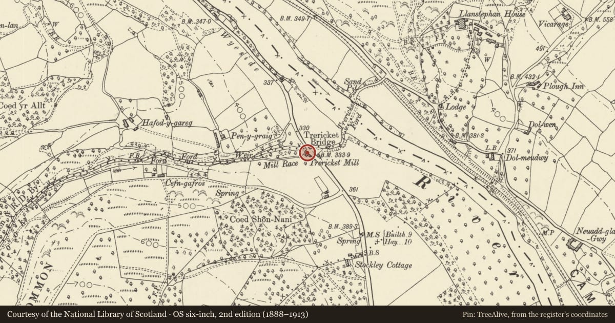 Ordnance Survey six-inch map, 2nd edition (1888–1913) covering the location of Trericket Mill, Bronllys, Powys, with a pin at the register's coordinates