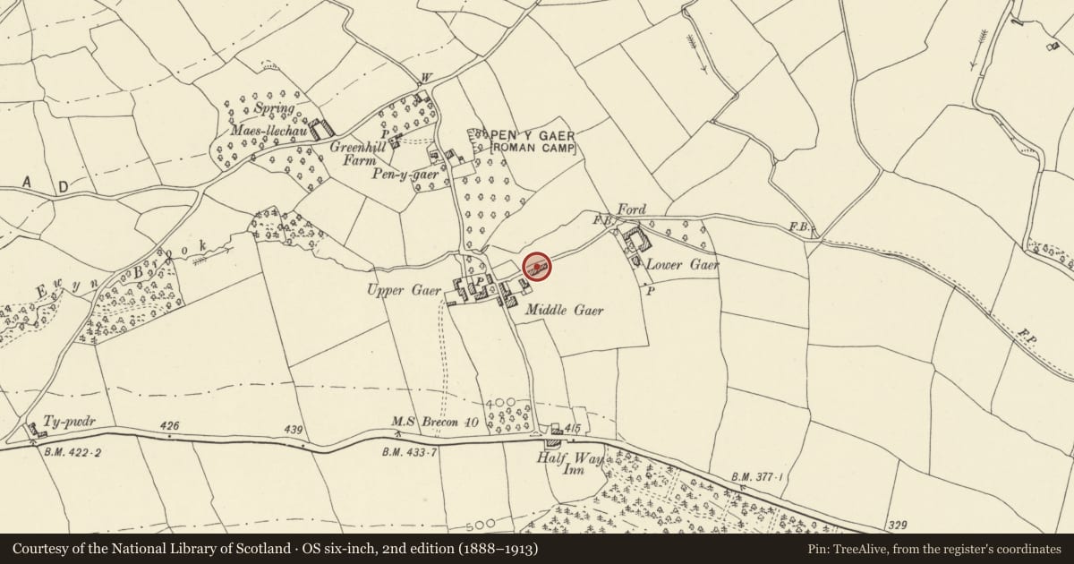 Ordnance Survey six-inch map, 2nd edition (1888–1913) covering the location of Old House at Middle Gaer, Llanfihangel Cwmdu with Bwlch and Cathedine, Powys, with a pin at the register's coordinates