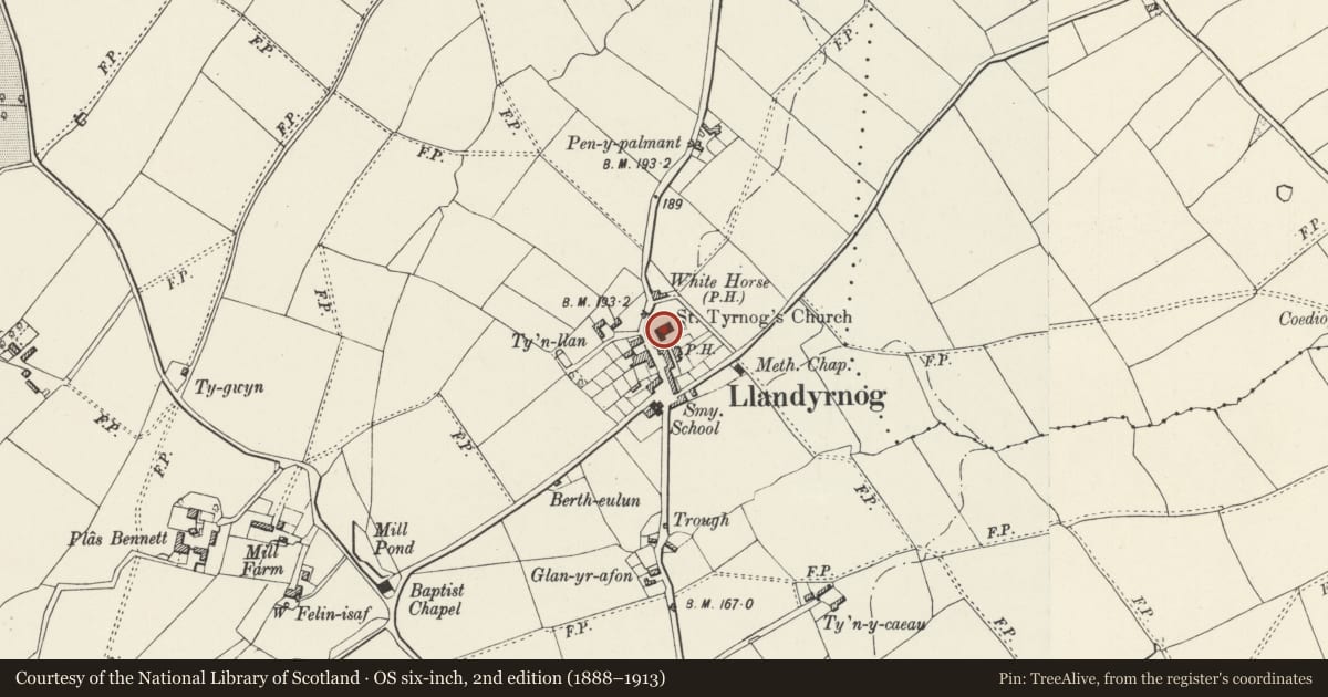 Ordnance Survey six-inch map, 2nd edition (1888–1913) covering the location of Church of St Tyrnog, Llandyrnog, Denbighshire, with a pin at the register's coordinates