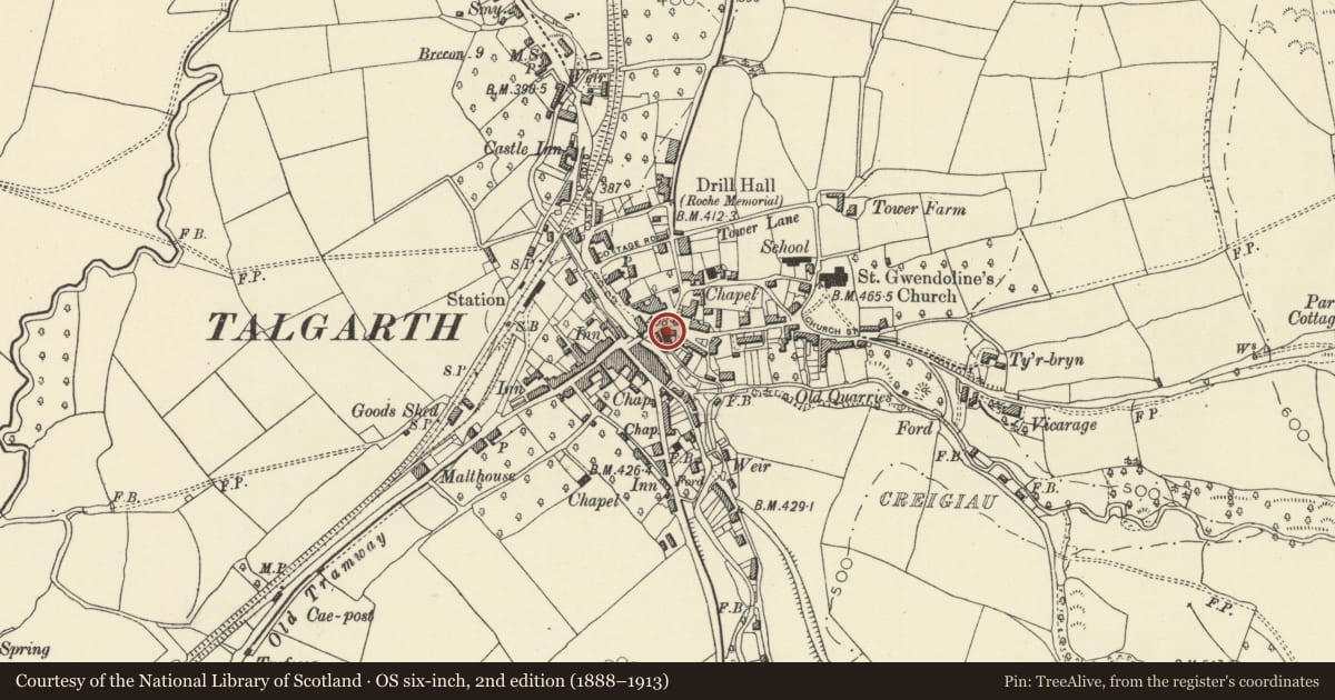 Ordnance Survey six-inch map, 2nd edition (1888–1913) covering the location of Town Hall, Talgarth, Powys, with a pin at the register's coordinates