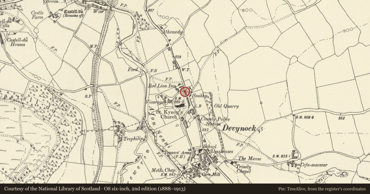 Ordnance Survey six-inch map, 2nd edition (1888–1913) covering the location of No 1 Church Row, Maescar, Powys, with a pin at the register's coordinates