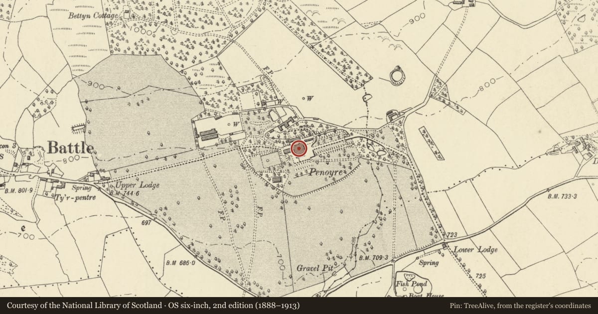Ordnance Survey six-inch map, 2nd edition (1888–1913) covering the location of Penoyre House, Yscir, Powys, with a pin at the register's coordinates