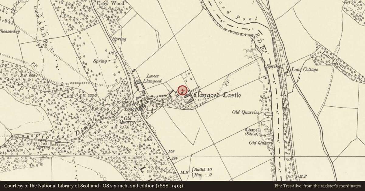Ordnance Survey six-inch map, 2nd edition (1888–1913) covering the location of Laundry House including attached courtyard wall and gate piers, at Llangoed Hall, Bronllys, Powys, with a pin at the register's coordinates