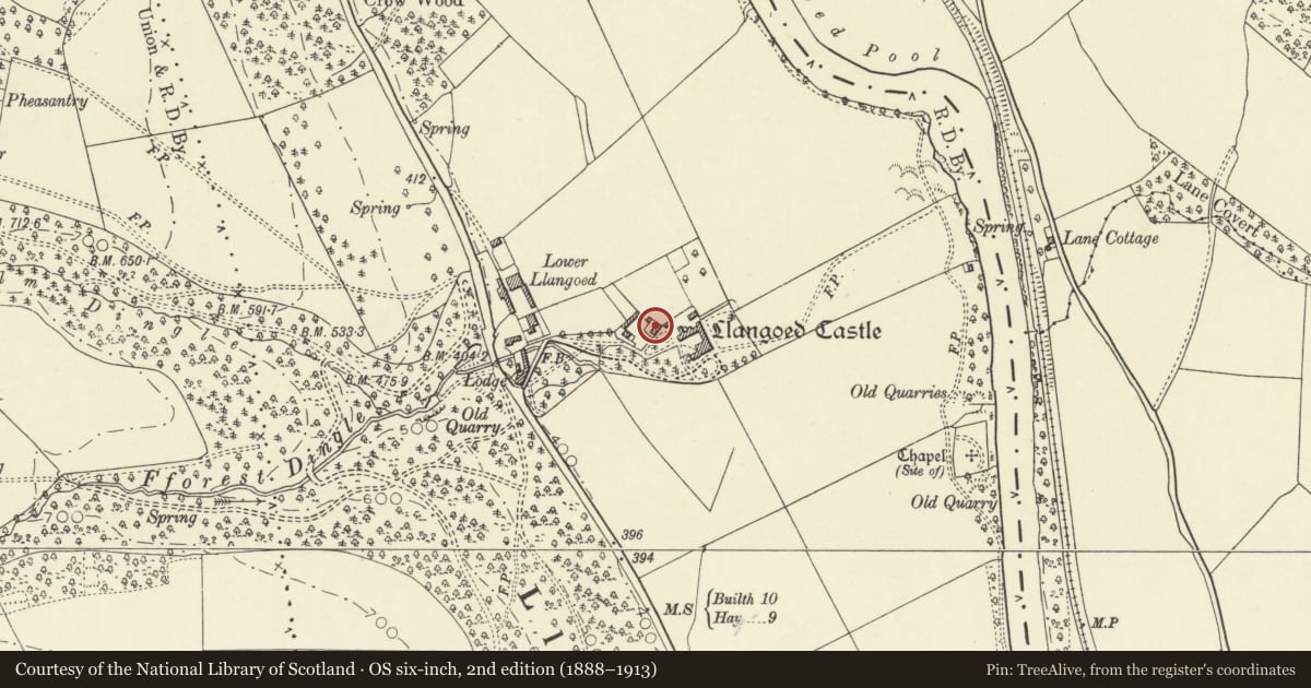 Ordnance Survey six-inch map, 2nd edition (1888–1913) covering the location of Stable-courtyard ranges including staff houses at Llangoed Hall, Bronllys, Powys, with a pin at the register's coordinates