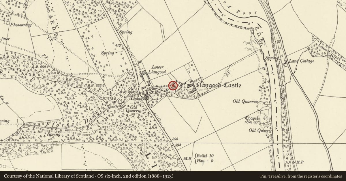 Ordnance Survey six-inch map, 2nd edition (1888–1913) covering the location of Engine House at Llangoed Hall, Bronllys, Powys, with a pin at the register's coordinates