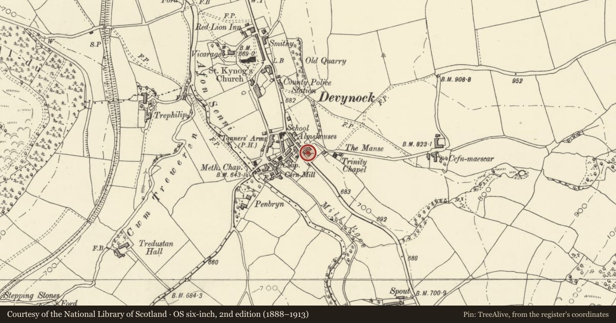 Ordnance Survey six-inch map, 2nd edition (1888–1913) covering the location of Penpentre House, Maescar, Powys, with a pin at the register's coordinates