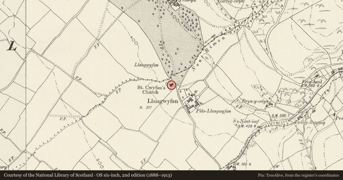 Ordnance Survey six-inch map, 2nd edition (1888–1913) covering the location of Church of St. Cwyfan, Llandyrnog, Denbighshire, with a pin at the register's coordinates