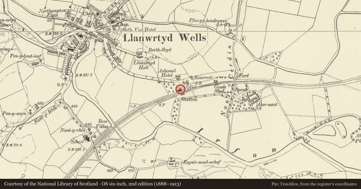 Ordnance Survey six-inch map, 2nd edition (1888–1913) covering the location of Llanwrtyd Wells Station & North Platform, Powys, with a pin at the register's coordinates