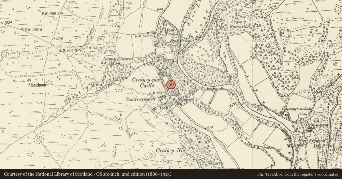 Ordnance Survey six-inch map, 2nd edition (1888–1913) covering the location of Craig-y-nos, Tawe-Uchaf, Powys, with a pin at the register's coordinates