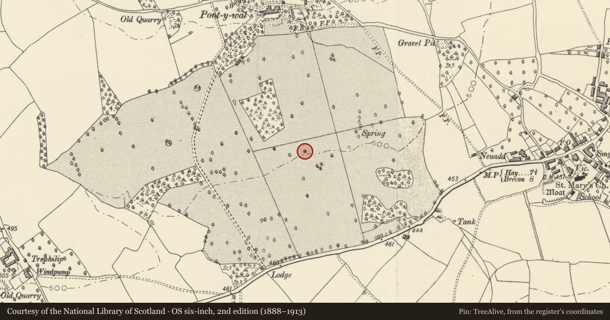 Ordnance Survey six-inch map, 2nd edition (1888–1913) covering the location of Chapel at Bronllys Hospital, Powys, with a pin at the register's coordinates