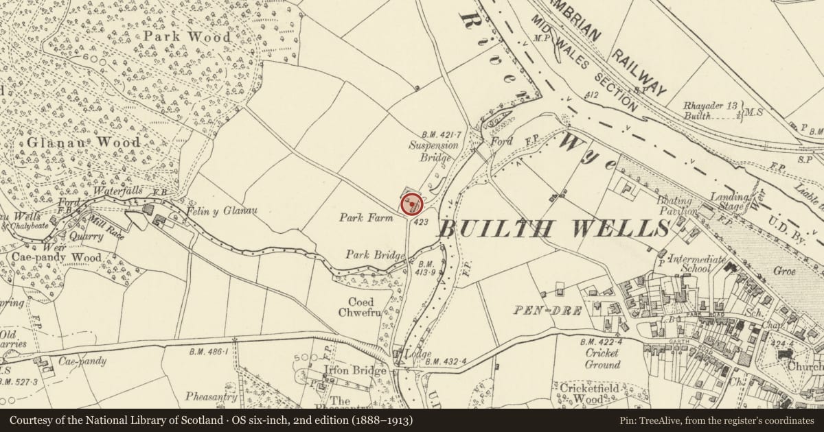 Ordnance Survey six-inch map, 2nd edition (1888–1913) covering the location of Builth Golf Club House, Cilmery, Powys, with a pin at the register's coordinates