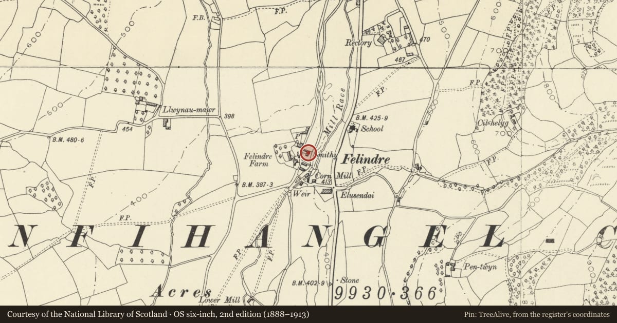 Ordnance Survey six-inch map, 2nd edition (1888–1913) covering the location of The Old House, Llanfihangel Cwmdu with Bwlch and Cathedine, Powys, with a pin at the register's coordinates