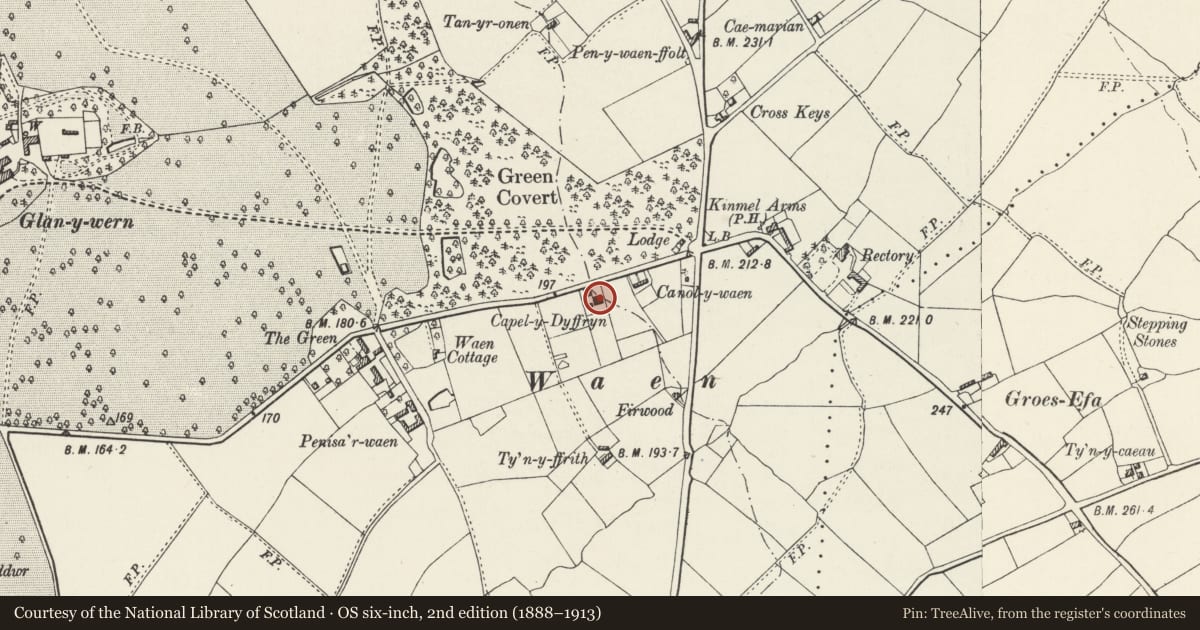 Ordnance Survey six-inch map, 2nd edition (1888–1913) covering the location of Capel y Dyffryn, Llandyrnog, Denbighshire, with a pin at the register's coordinates