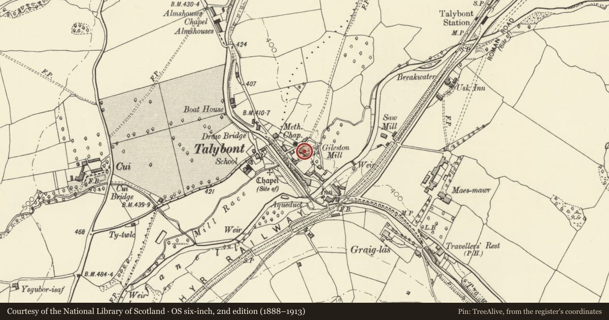 Ordnance Survey six-inch map, 2nd edition (1888–1913) covering the location of Gileston Mill aka Talybont Mill, Talybont-on-Usk, Powys, with a pin at the register's coordinates