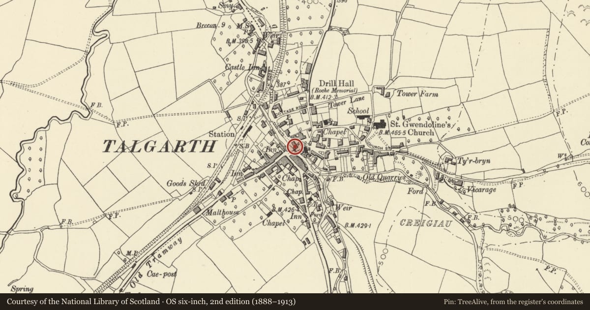 Ordnance Survey six-inch map, 2nd edition (1888–1913) covering the location of Tower House including attached shop, Talgarth, Powys, with a pin at the register's coordinates