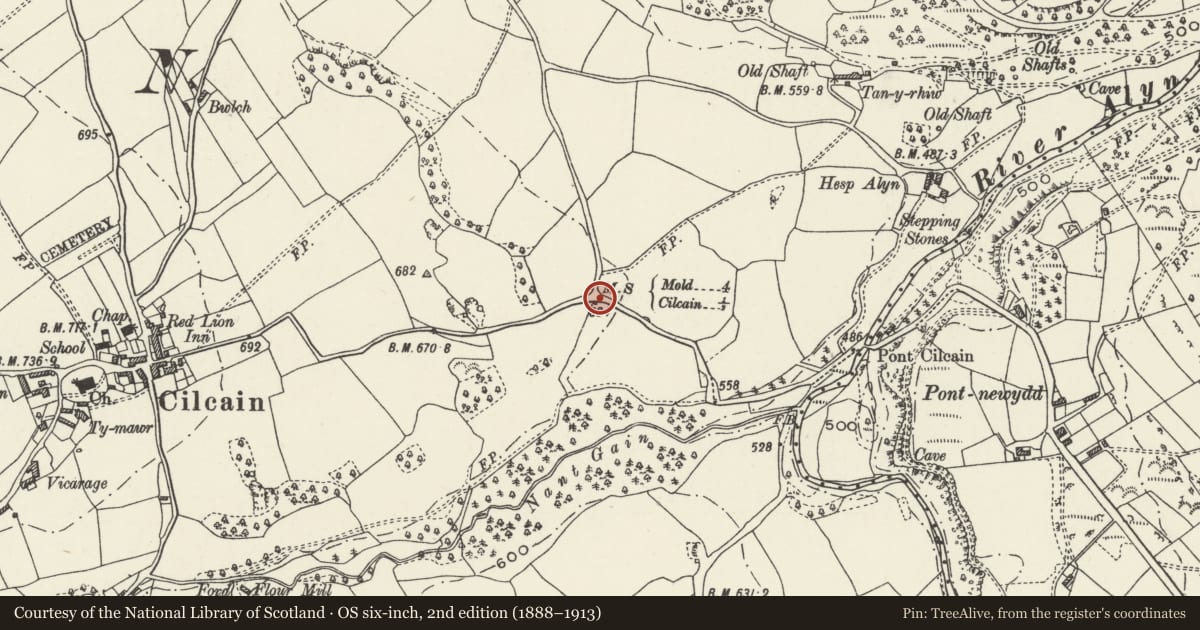 Ordnance Survey six-inch map, 2nd edition (1888–1913) covering the location of Milestone, Cilcain, Flintshire, with a pin at the register's coordinates