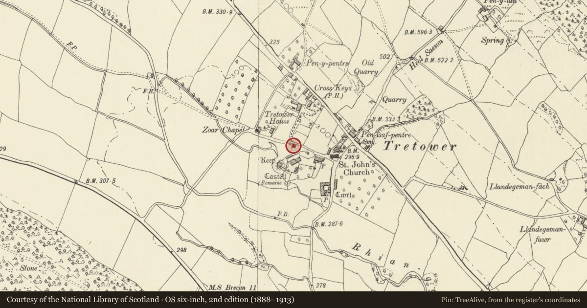 Ordnance Survey six-inch map, 2nd edition (1888–1913) covering the location of Castle Cottage, Llanfihangel Cwmdu with Bwlch and Cathedine, Powys, with a pin at the register's coordinates