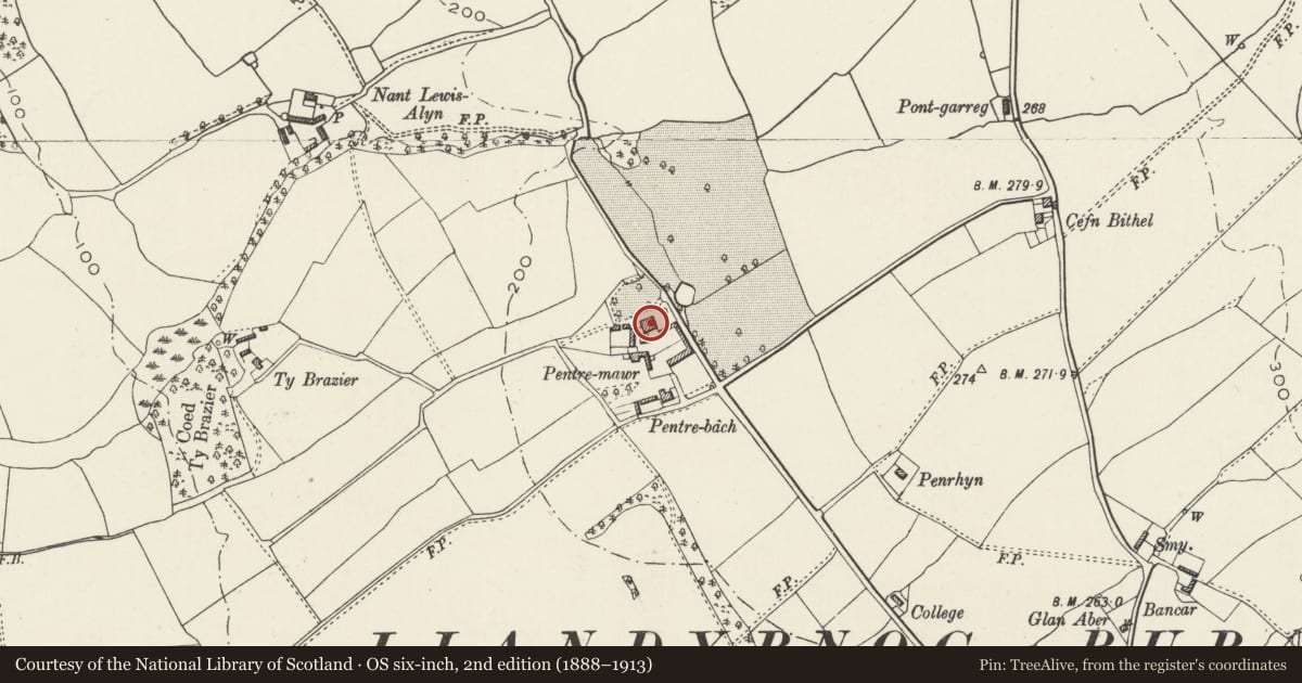 Ordnance Survey six-inch map, 2nd edition (1888–1913) covering the location of Pentre-mawr, Llandyrnog, Denbighshire, with a pin at the register's coordinates