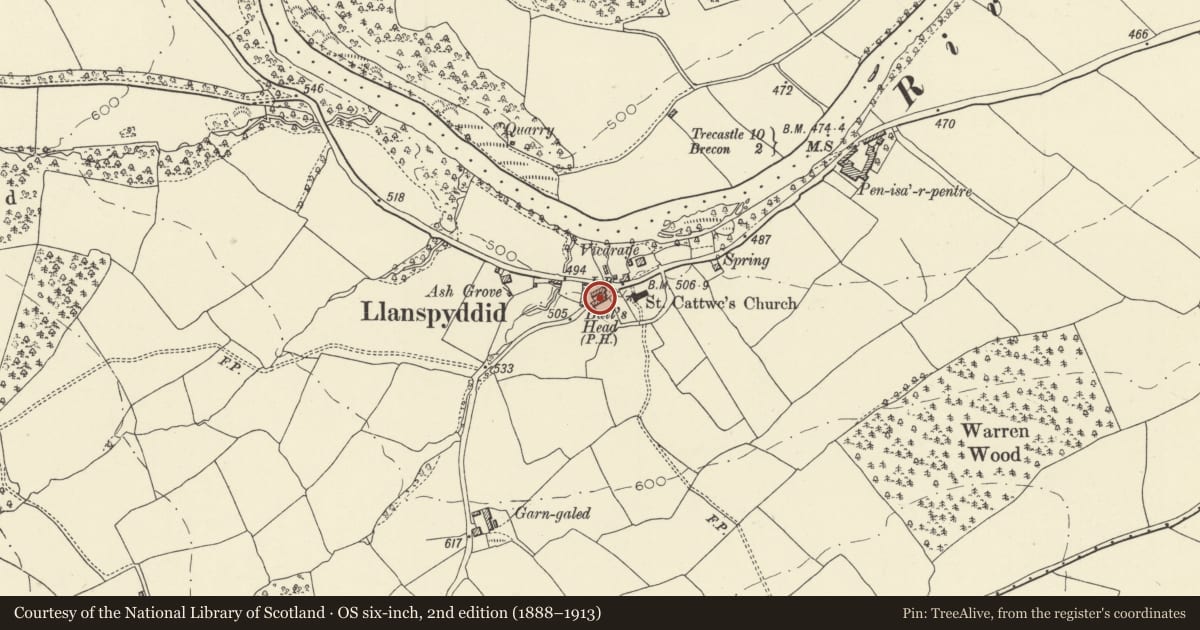 Ordnance Survey six-inch map, 2nd edition (1888–1913) covering the location of The Farmhouse, Glyn Tarell, Powys, with a pin at the register's coordinates