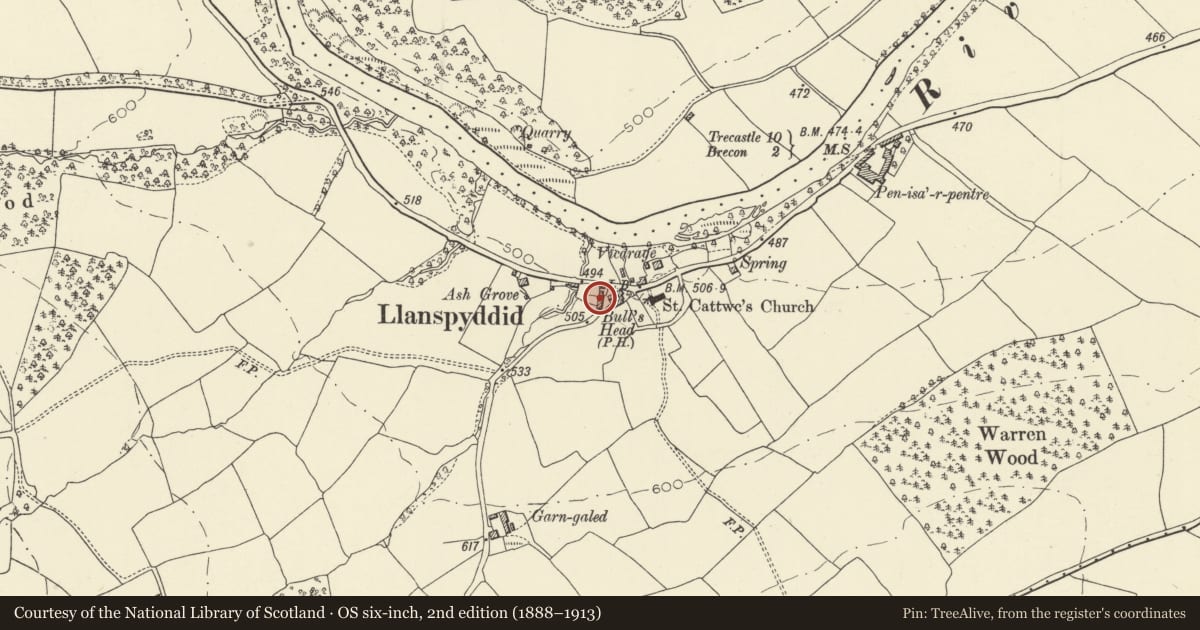 Ordnance Survey six-inch map, 2nd edition (1888–1913) covering the location of The Corn Barn, Glyn Tarell, Powys, with a pin at the register's coordinates