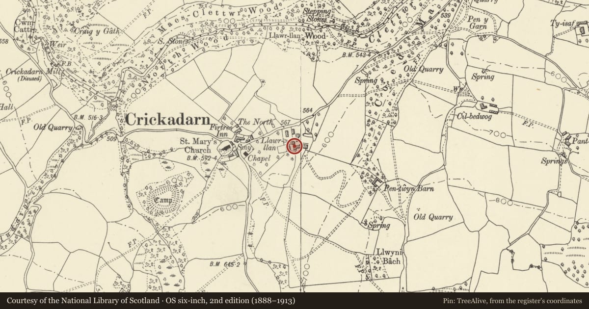 Ordnance Survey six-inch map, 2nd edition (1888–1913) covering the location of Old farmhouse at Llawr Llan Farm, Erwood, Powys, with a pin at the register's coordinates