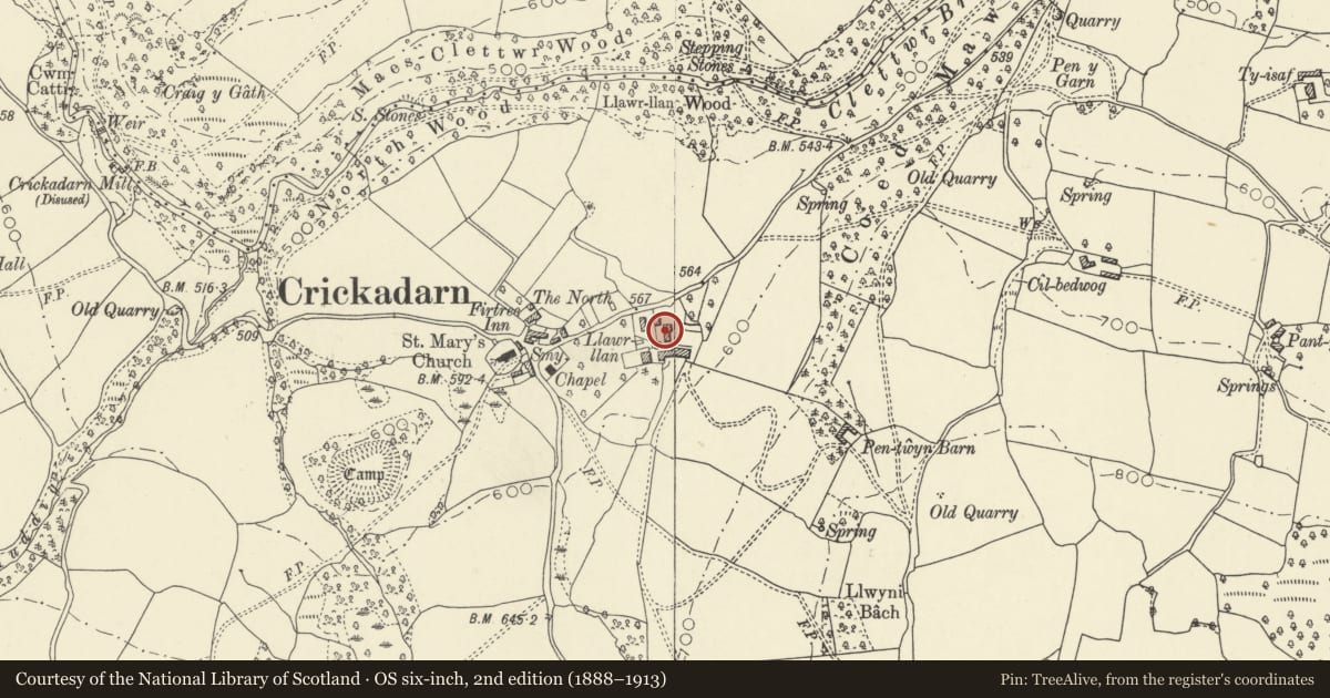 Ordnance Survey six-inch map, 2nd edition (1888–1913) covering the location of Barn at Llawr Llan, Erwood, Powys, with a pin at the register's coordinates
