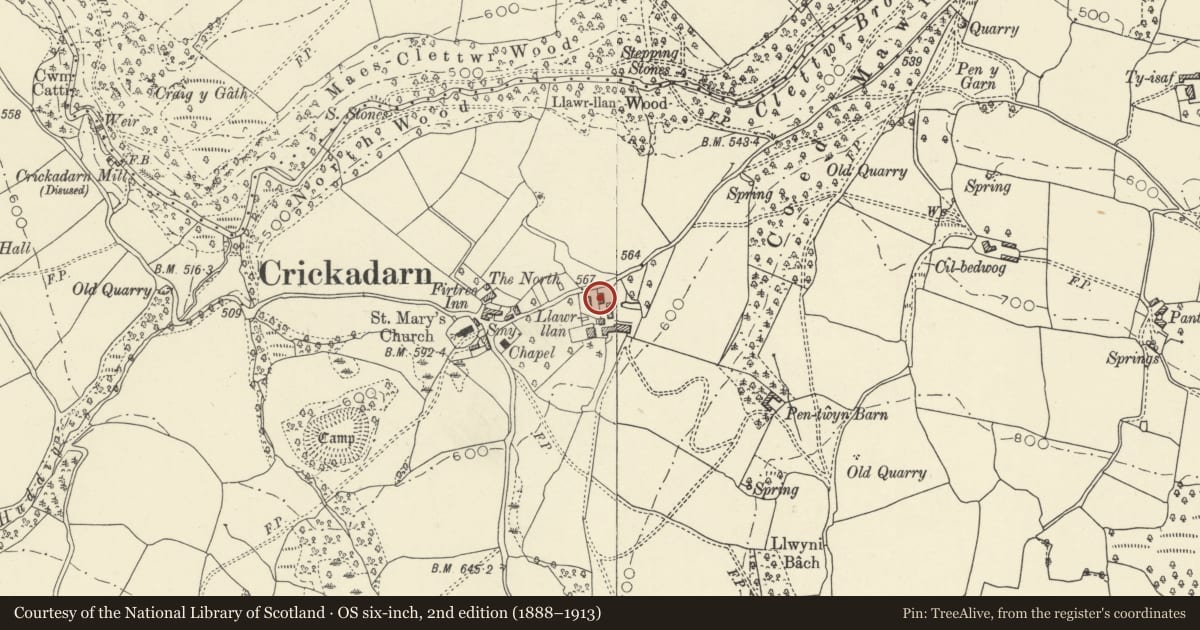 Ordnance Survey six-inch map, 2nd edition (1888–1913) covering the location of Waggon shed at Llawr Llan, Erwood, Powys, with a pin at the register's coordinates