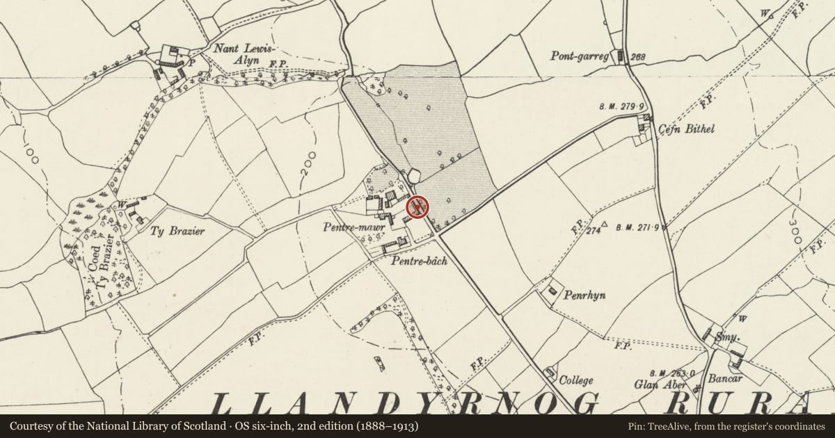Ordnance Survey six-inch map, 2nd edition (1888–1913) covering the location of Outbuildings SE of Pentre-mawr, incorporating The Lodge, Llandyrnog, Denbighshire, with a pin at the register's coordinates