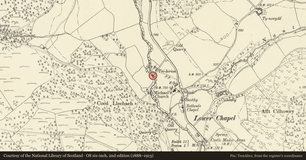 Ordnance Survey six-inch map, 2nd edition (1888–1913) covering the location of Bridge to SW of Traihirion (partly in Merthyr Cynog community), Honddu Isaf, Powys, with a pin at the register's coordinates