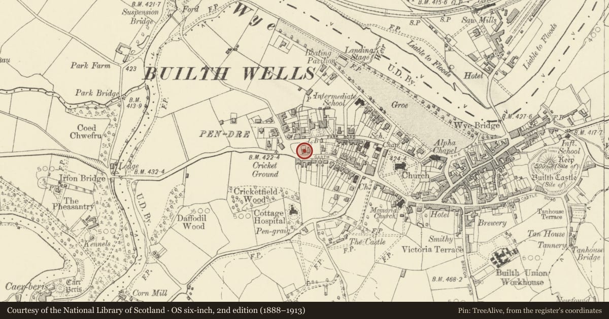 Ordnance Survey six-inch map, 2nd edition (1888–1913) covering the location of Old Pendre, Builth, Powys, with a pin at the register's coordinates
