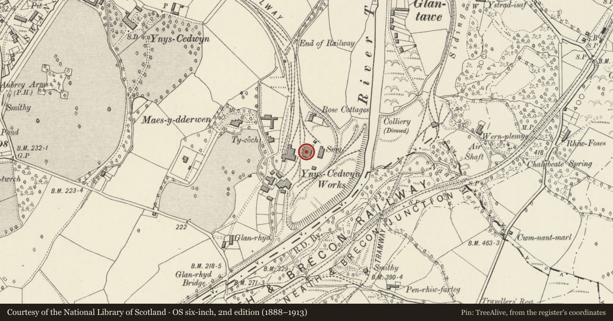 Ordnance Survey six-inch map, 2nd edition (1888–1913) covering the location of Arches at former Ynysgedwen Iron Works, Ystradgynlais, Powys, with a pin at the register's coordinates